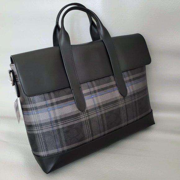 NEW COACH men Plaid Check Business Briefcase bag - Picture 4 of 8